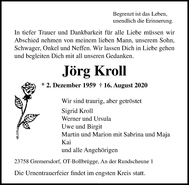 Traueranzeigen von Jörg Kroll | trauer-anzeigen.de