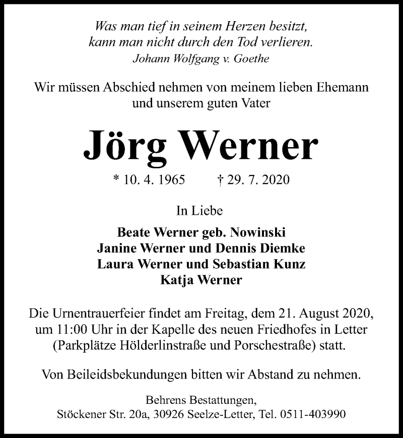indstudering bagværk Fortælle Traueranzeigen von Jörg Werner | trauer-anzeigen.de