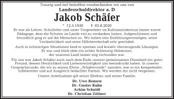 Traueranzeige von Jakob Schäfer von Kieler Nachrichten