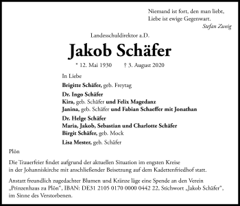 Traueranzeige von Jakob Schäfer von Kieler Nachrichten