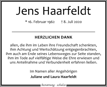 Traueranzeige von Jens Haarfeldt von Leipziger Volkszeitung