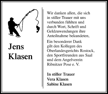 Traueranzeige von Jens Klasen von Ostsee-Zeitung GmbH