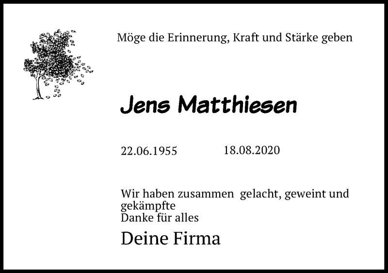  Traueranzeige für Jens Matthiesen vom 21.08.2020 aus Kieler Nachrichten