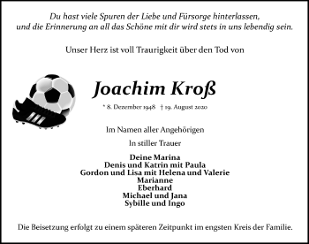 Traueranzeige von Joachim Kroß von Ostsee-Zeitung GmbH