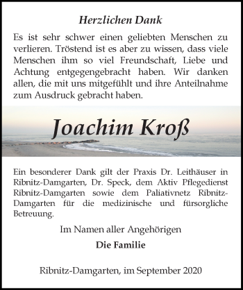 Traueranzeige von Joachim Kroß von Ostsee-Zeitung GmbH