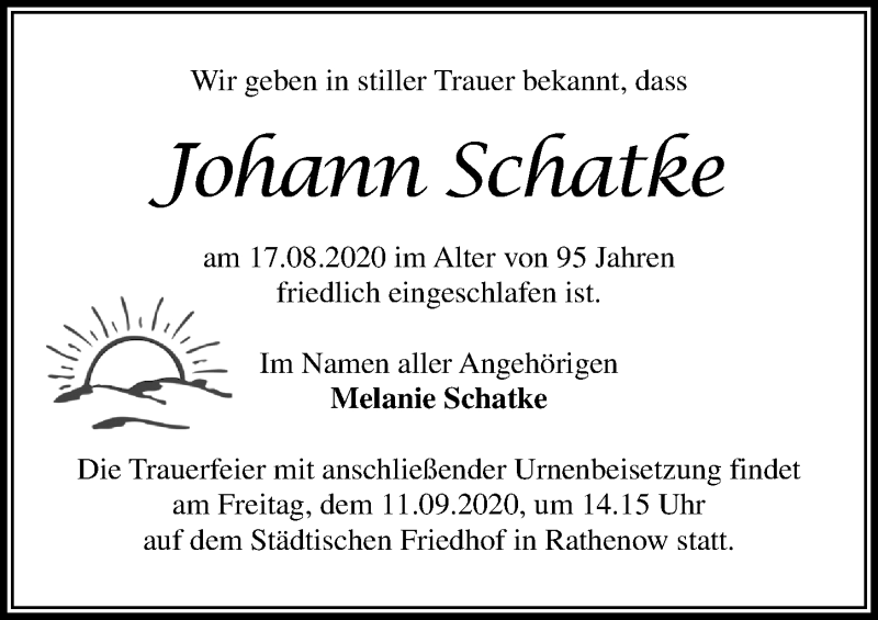  Traueranzeige für Johann Schatke vom 29.08.2020 aus Märkischen Allgemeine Zeitung