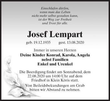 Traueranzeige von Josef Lempart von Märkischen Allgemeine Zeitung