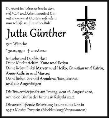 Traueranzeige von Jutta Günther