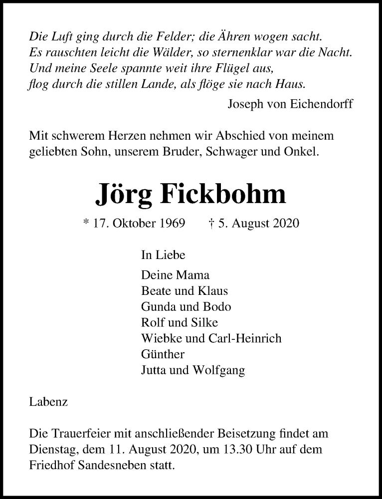  Traueranzeige für Jörg Fickbohm vom 09.08.2020 aus Lübecker Nachrichten