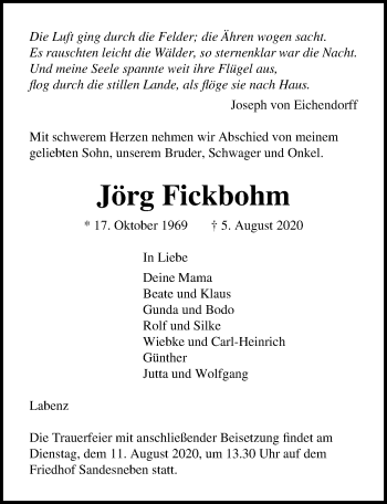Traueranzeige von Jörg Fickbohm von Lübecker Nachrichten