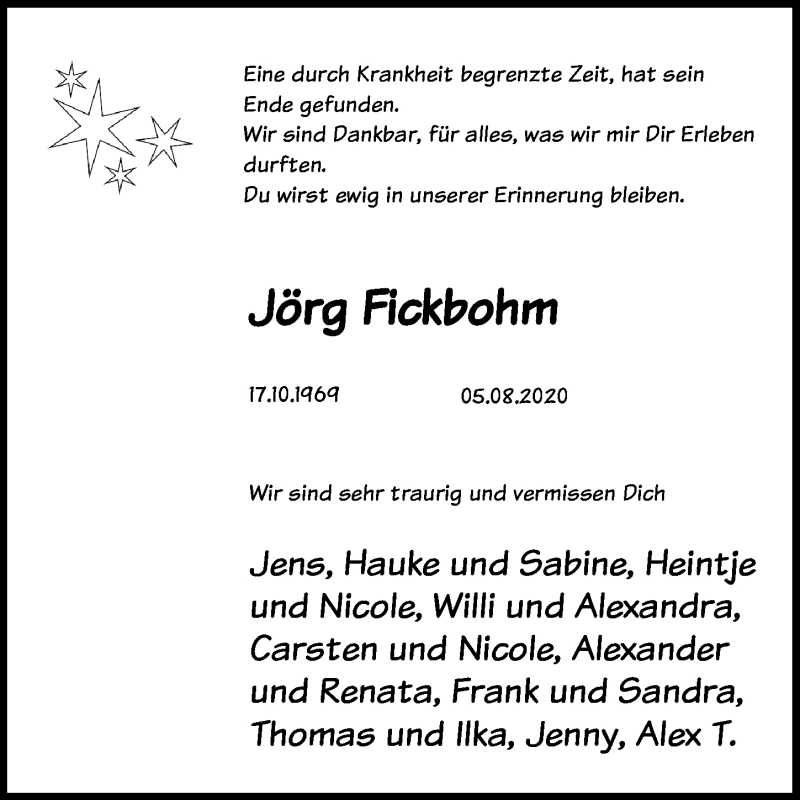  Traueranzeige für Jörg Fickbohm vom 11.08.2020 aus Lübecker Nachrichten