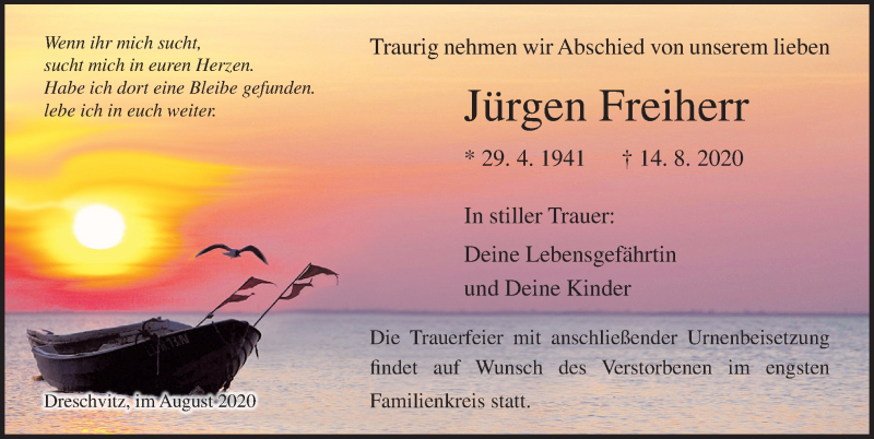  Traueranzeige für Jürgen Freiherr vom 22.08.2020 aus Ostsee-Zeitung GmbH