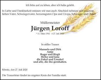 Traueranzeige von Jürgen Loroff von Ostsee-Zeitung GmbH