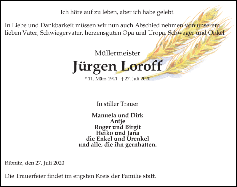  Traueranzeige für Jürgen Loroff vom 01.08.2020 aus Ostsee-Zeitung GmbH