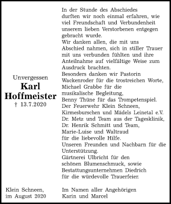 Traueranzeige von Karl Hoffmeister von Göttinger Tageblatt