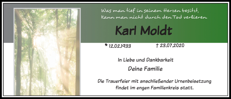  Traueranzeige für Karl Moldt vom 07.08.2020 aus Ostsee-Zeitung GmbH