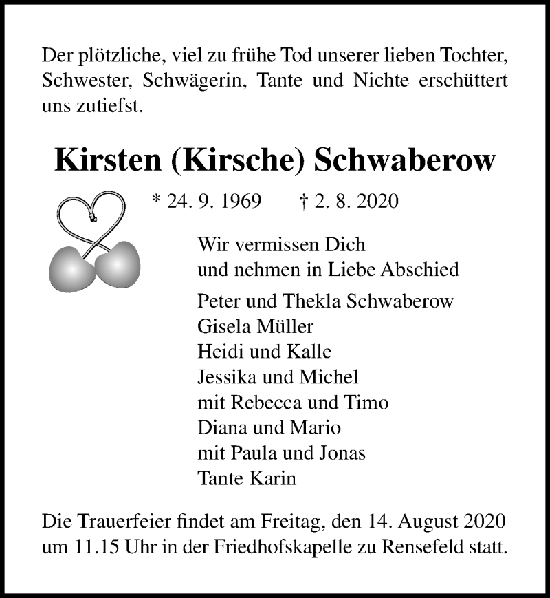  Traueranzeige für Kirsten Schwaberow vom 09.08.2020 aus Lübecker Nachrichten