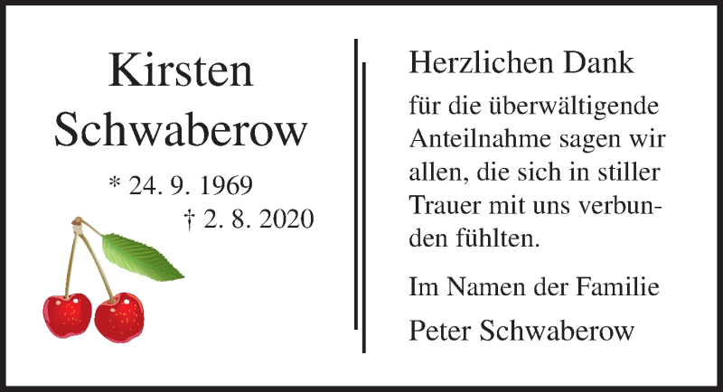  Traueranzeige für Kirsten Schwaberow vom 23.08.2020 aus Lübecker Nachrichten
