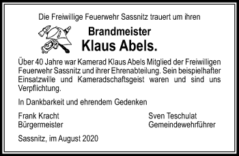 Traueranzeige von Klaus Abels von Ostsee-Zeitung GmbH