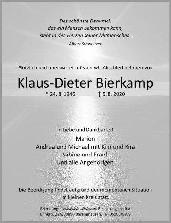 Traueranzeige von Klaus-Dieter Bierkamp von Hannoversche Allgemeine Zeitung/Neue Presse