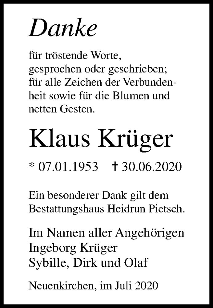  Traueranzeige für Klaus Krüger vom 08.08.2020 aus Ostsee-Zeitung GmbH