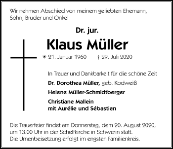 Traueranzeige von Klaus Müller von Ostsee-Zeitung GmbH