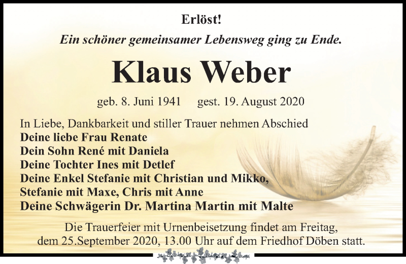  Traueranzeige für Klaus Weber vom 29.08.2020 aus Leipziger Volkszeitung