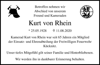 Traueranzeige von Kurt von Rhein von Lübecker Nachrichten