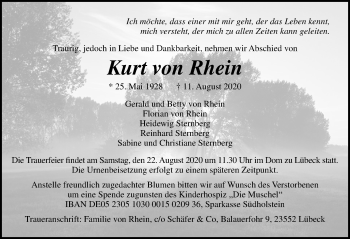 Traueranzeige von Kurt von Rhein von Lübecker Nachrichten