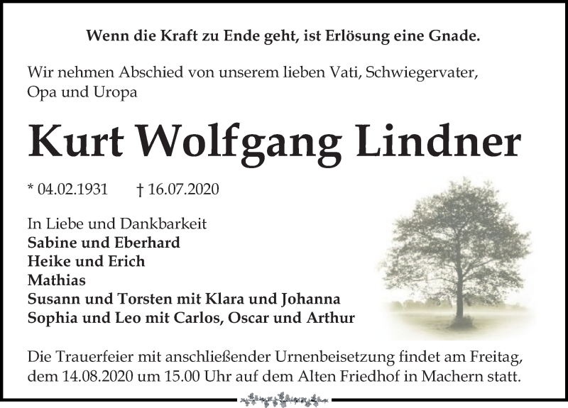  Traueranzeige für Kurt Wolfgang Lindner vom 01.08.2020 aus Leipziger Volkszeitung
