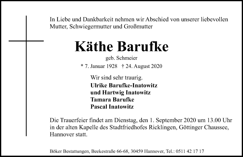  Traueranzeige für Käthe Barufke vom 29.08.2020 aus Hannoversche Allgemeine Zeitung/Neue Presse