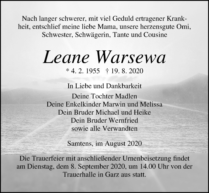  Traueranzeige für Leane Warsewa vom 22.08.2020 aus Ostsee-Zeitung GmbH