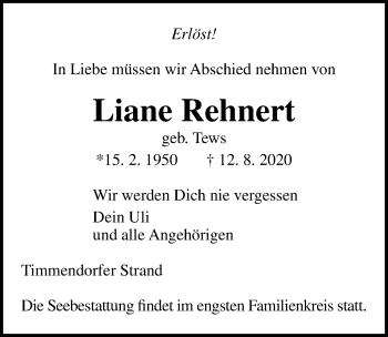 Traueranzeige von Liane Rehnert von Lübecker Nachrichten