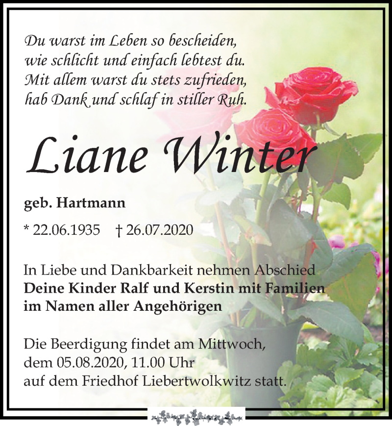  Traueranzeige für Liane Winter vom 01.08.2020 aus Leipziger Volkszeitung