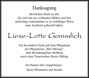 Traueranzeige von Liese-Lotte Gommlich von Ostsee-Zeitung GmbH