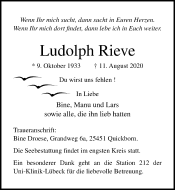 Traueranzeige von Ludolph Rieve von Lübecker Nachrichten