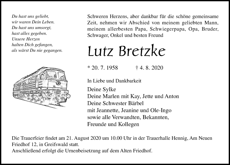  Traueranzeige für Lutz Bretzke vom 15.08.2020 aus Ostsee-Zeitung GmbH