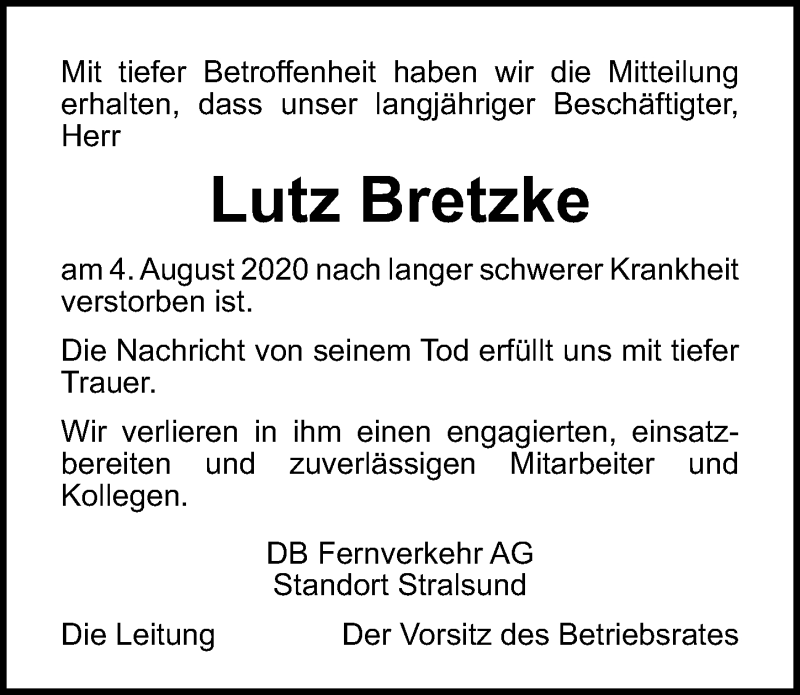  Traueranzeige für Lutz Bretzke vom 13.08.2020 aus Ostsee-Zeitung GmbH