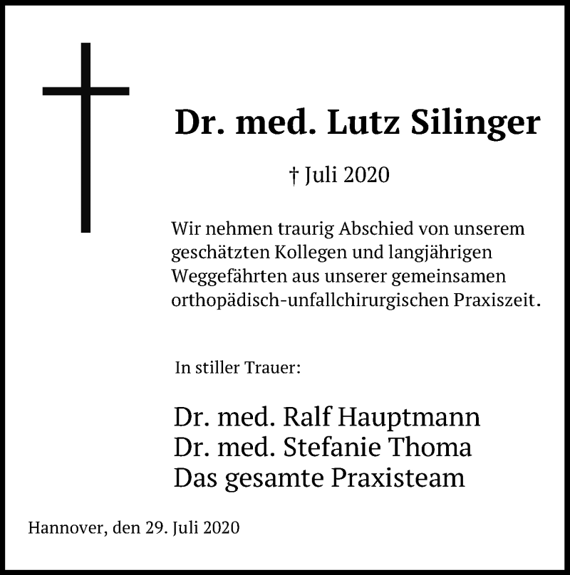  Traueranzeige für Lutz Silinger vom 01.08.2020 aus Hannoversche Allgemeine Zeitung/Neue Presse