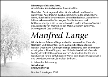 Traueranzeige von Manfred Lange von Leipziger Volkszeitung