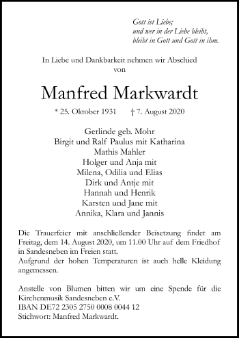 Traueranzeige von Manfred Markwardt von Lübecker Nachrichten