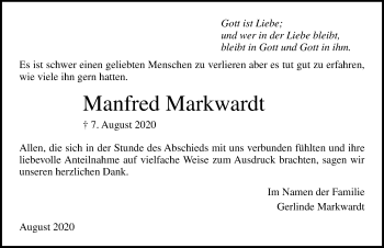 Traueranzeige von Manfred Markwardt von Lübecker Nachrichten