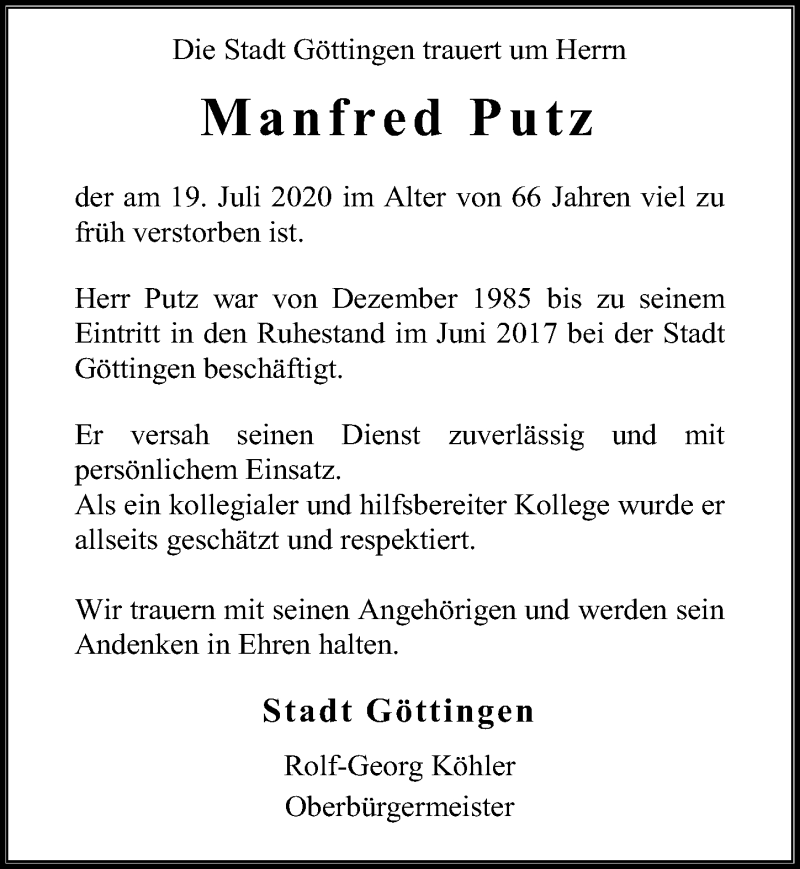  Traueranzeige für Manfred Putz vom 01.08.2020 aus Göttinger Tageblatt