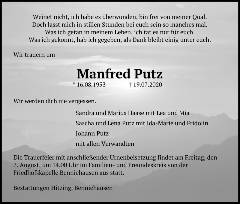  Traueranzeige für Manfred Putz vom 01.08.2020 aus Göttinger Tageblatt