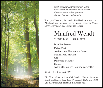 Traueranzeige von Manfred Wendt von Ostsee-Zeitung GmbH