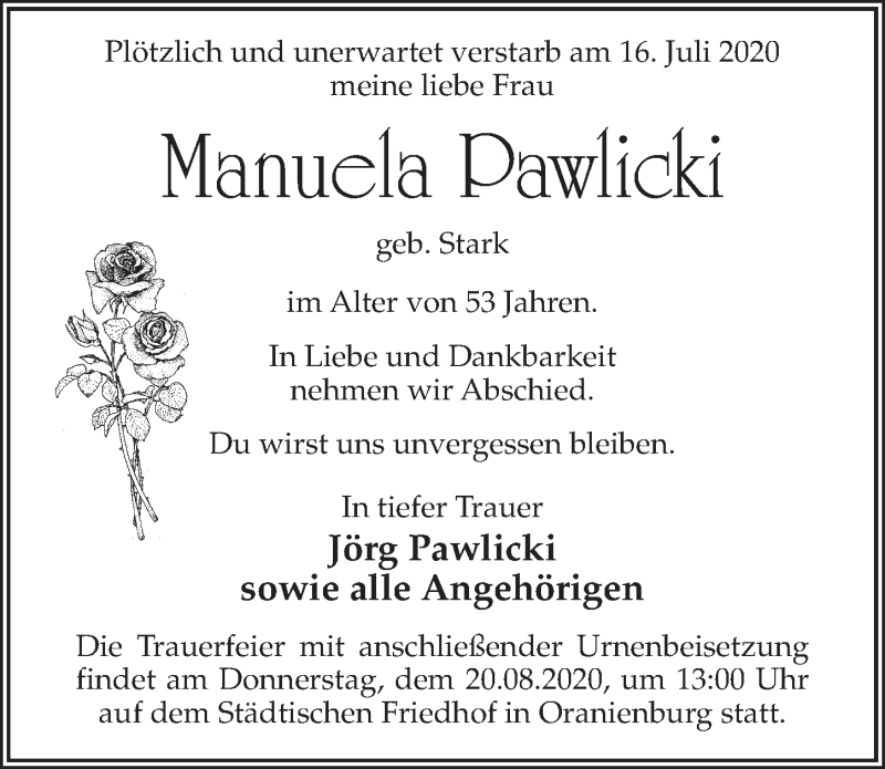  Traueranzeige für Manuela Pawlicki vom 15.08.2020 aus Märkischen Allgemeine Zeitung