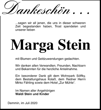 Traueranzeige von Marga Stein von Ostsee-Zeitung GmbH