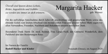 Traueranzeige von Margarita Hacker