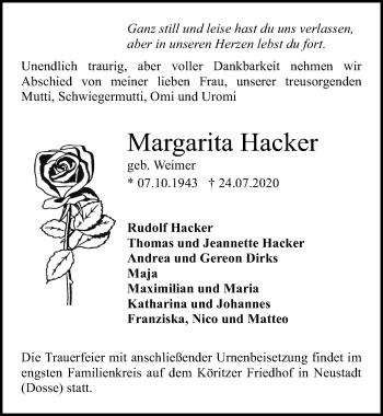 Traueranzeige von Margarita Hacker