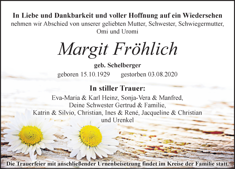  Traueranzeige für Margit Fröhlich vom 15.08.2020 aus Leipziger Volkszeitung